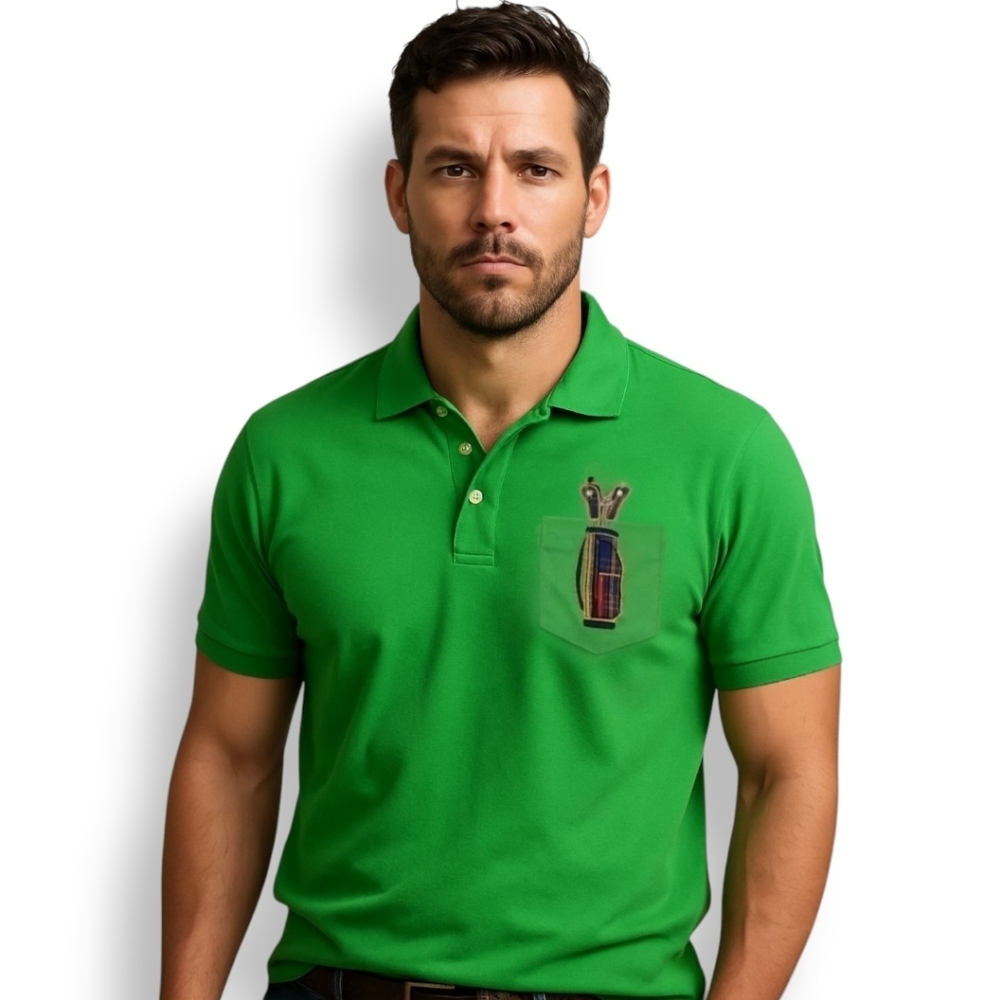 Coral Bay Green Golf Polo Gold Buttons Tartan Golf Bag Embroidery